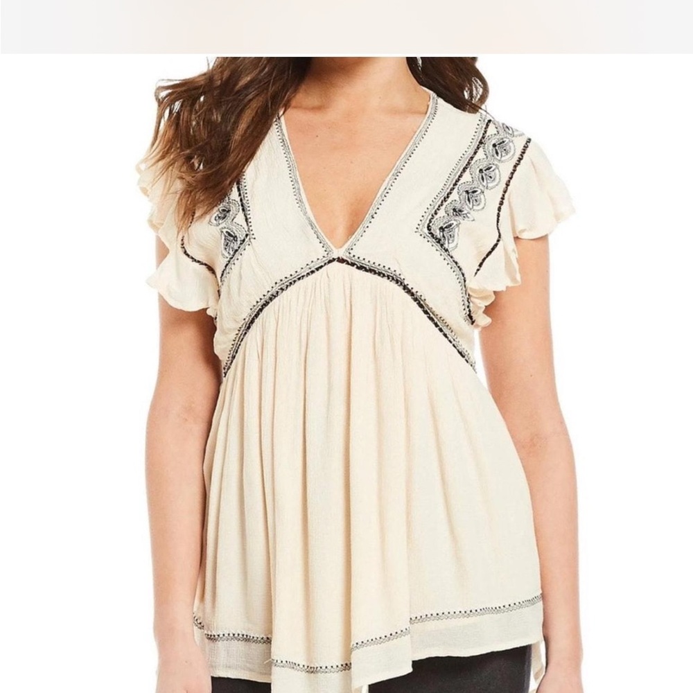 Free People Cream Embroidered falling water flutter tunic Blouse S/P boho summer